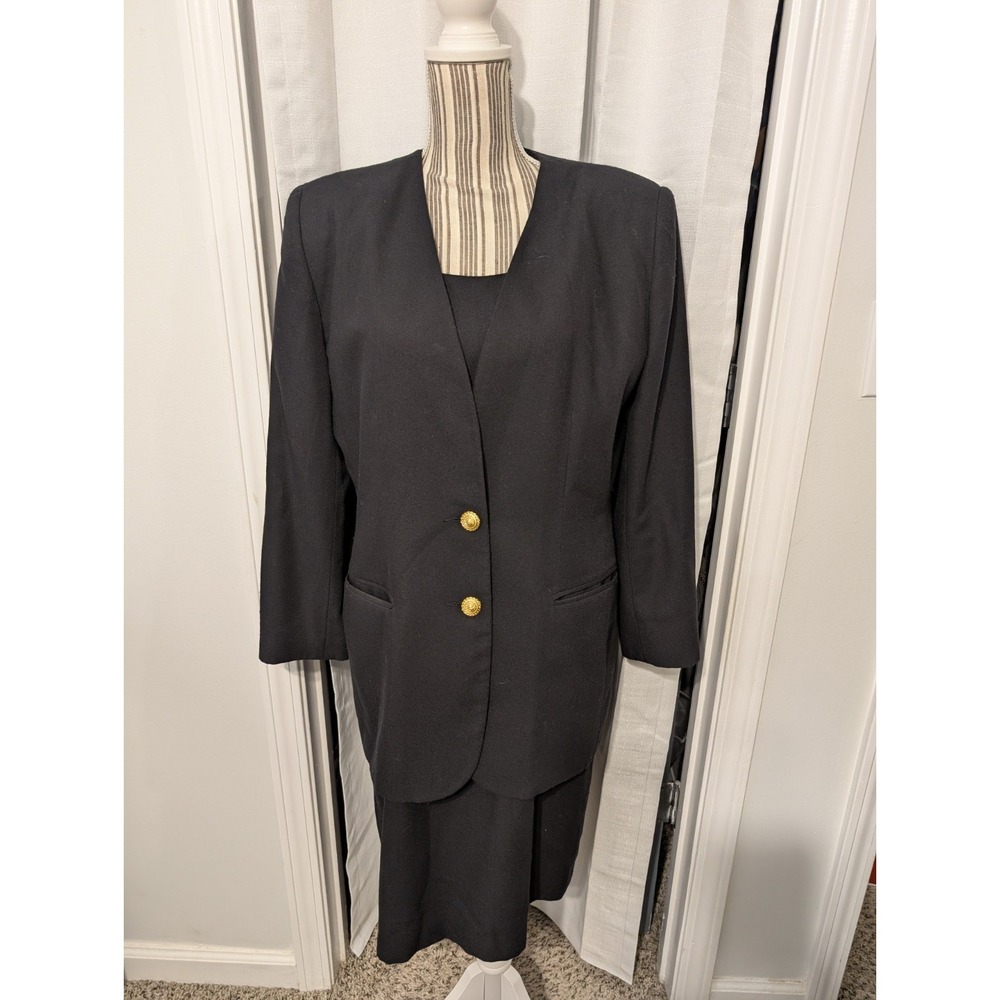 Vintage Oleg Cassini Black 2-Piece Dress Suit 12 Preppy Office Classic